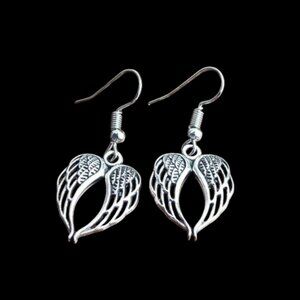 Angel Wings Charm Silver Tone Hook Earrings